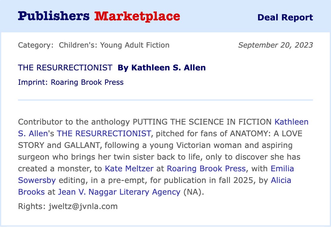 Congratulations to my dazzling client Kathleen S. Allen for the deal with Roaring Brook Press for her gothic, horror YA novel THE RESURRECTIONIST (Roaring Brook Press, Fall 2025)! <a href="/JVNLA/">Jennifer Weltz JVNLA</a>, <a href="/kathleea/">Kathleen S. Allen</a>, <a href="/katemeltzer/">kate meltzer</a>, <a href="/EmiliaSowersby/">Emilia ⭐️ Sowersby</a>