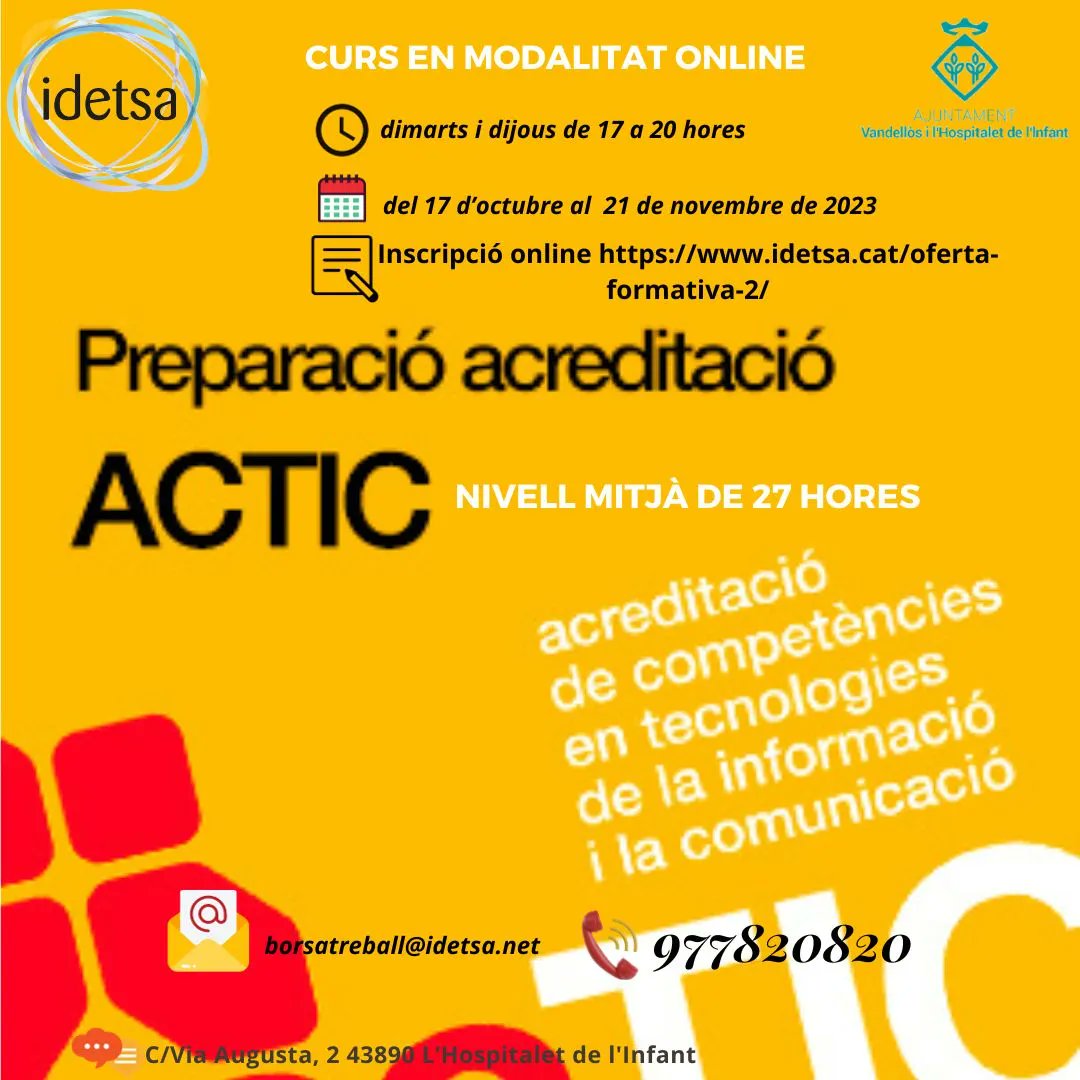 idetsa's tweet photo. Prepara’t I fes la prova de l’ACTIC amb nosaltres!! ACTIC és un certificat que dóna a conèixer a qualsevol empresa o administració quin nivell de capacitats teniu en l’ús de les TICs. #formació #ocupació #actic https://t.co/WsT3Pkua5Z