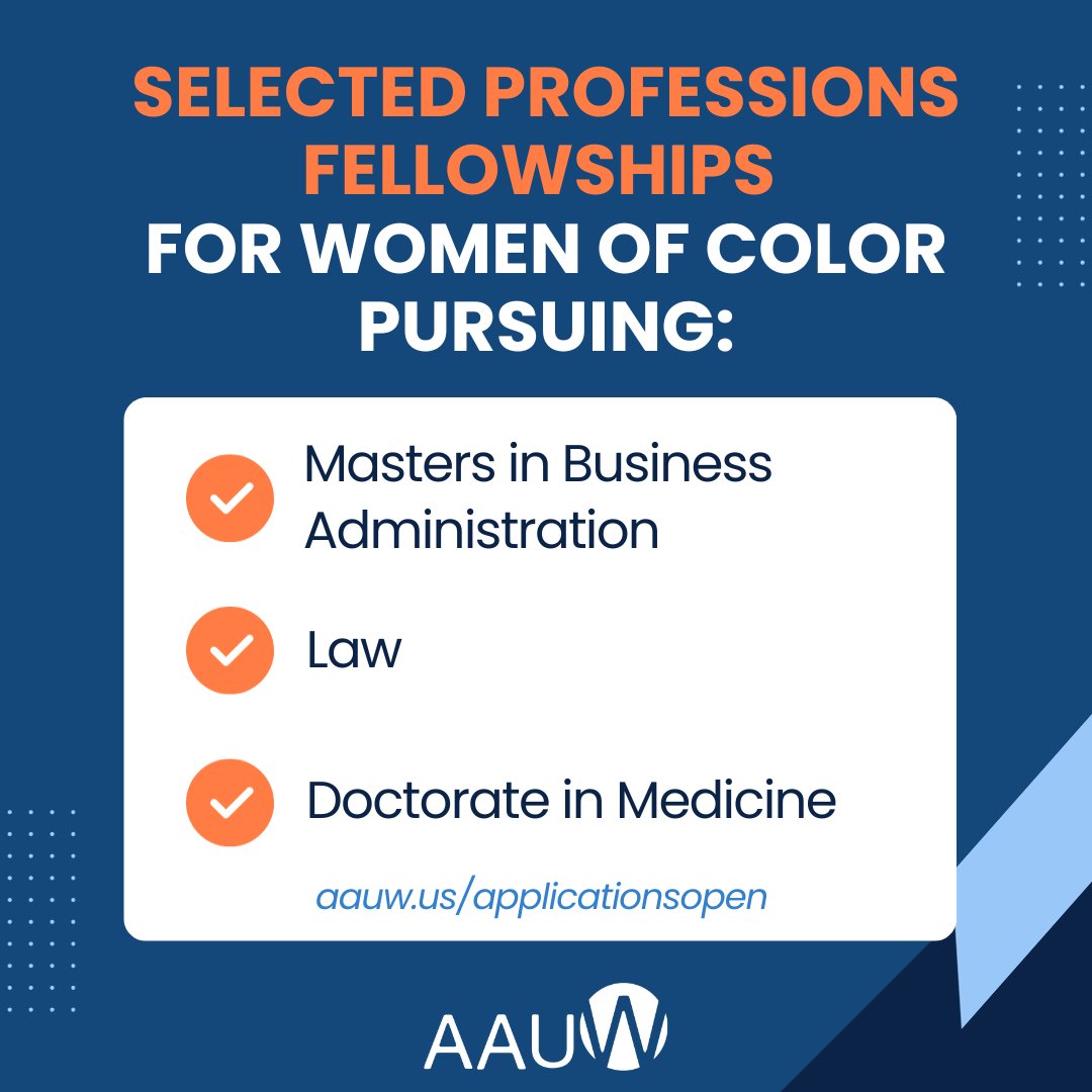 AAUW's tweet image. Spread the word to women in graduate programs where they are underrepresented. Special funds are available for #WomenOfColor pursuing a law degree, medical degree, or #MBA. aauw.us/applicationsop… 
 #WomenInHigherEd