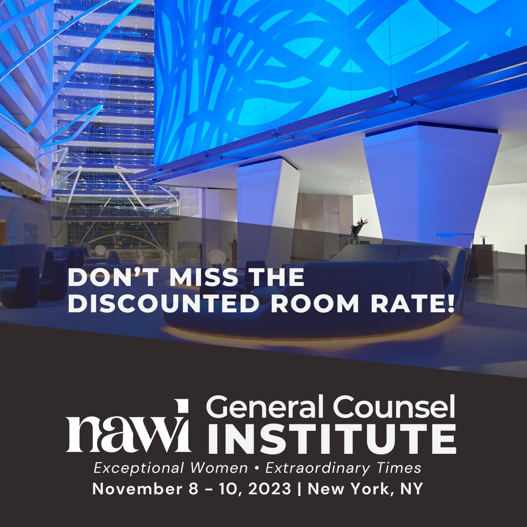 NAWLWomeninLaw's tweet image. Planning to attend NAWL&apos;s #GCI2023? Reserve your hotel room now to snag our discounted rate.

nawl.org/2023-general-c…

Registration is limited to in-house attorneys and sponsors.

#NAWLGCI #NAWLconference #NAWLWomeninlaw #ExceptionalWomen #ExtraordinaryTimes