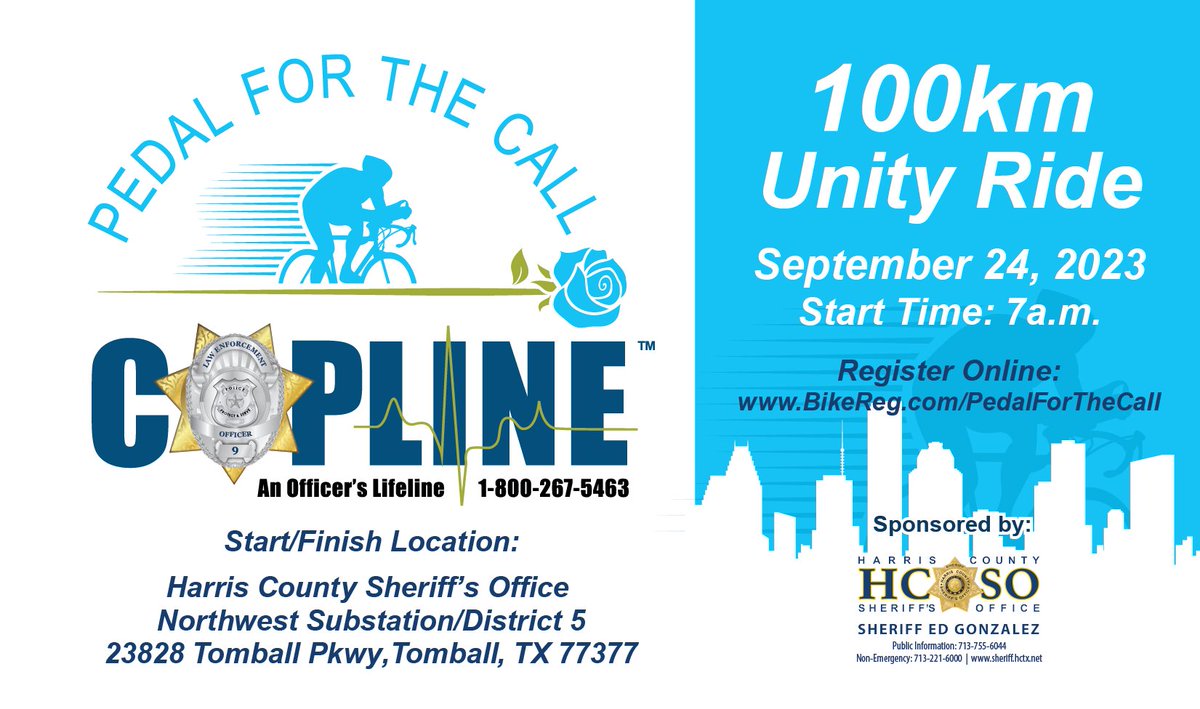 Do you like to ride bicycles? Join us this Sunday, September 24 for the Pedal for the Call! The goal is to raise public awareness of police suicides nationwide and raise funds for the nonprofit organization COPLine. 

Register 👉 bikereg.com/PedalForTheCall. #HouNews