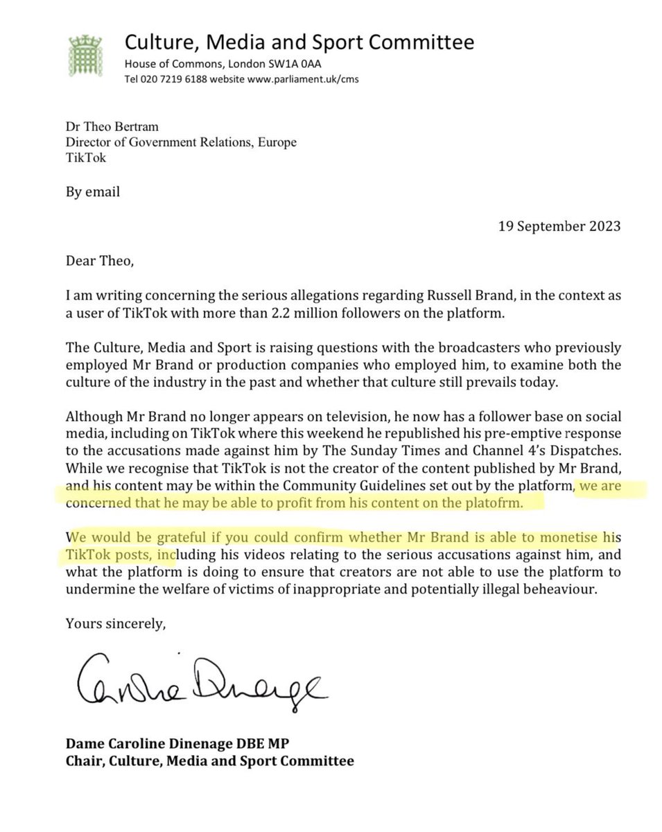 SamanthaTaghoy's tweet photo. The UK Parliament has gone into full-blown dictatorship mode against Russell Brand.

Caroline Dinenage MP — Chair of the Culture, Media and Sport Committee — has contacted every nearly major social media outlet to demand that he is deplatformed.

This is no longer just about Russell Brand.

This is about the State’s wrongful interference with the rights and freedoms of its citizens, based on accusations which have yet to be proven or disproven.

You’d be forgiven for mistaking this for the actions of China, Russia, or North Korea.

If the Government wants to behave like a dystopian dictatorship, it makes them no better than the oppressive regimes they claim to fight against.

Regardless of whether Brand is guilty or not, the Government has no right to “cancel” him, or anyone else for that matter. Frankly, if he is, this sort of outrageous authoritarianism does nothing to bring justice for his alleged victims.

Whatever happened to innocent until proven guilty?

If they could do this to Russell Brand, they could do it to anyone.

This is the state of the United Kingdom in 2023. God help us all.