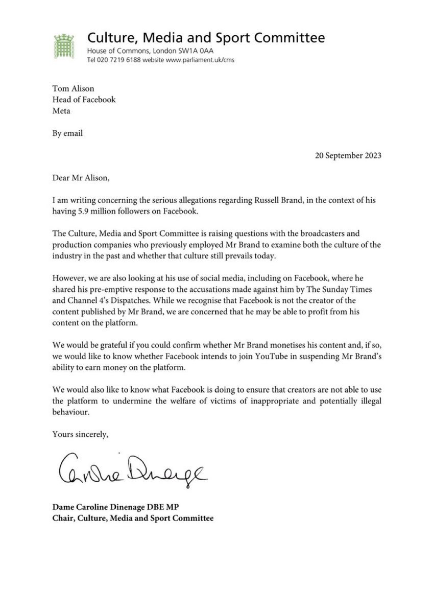 SamanthaTaghoy's tweet photo. The UK Parliament has gone into full-blown dictatorship mode against Russell Brand.

Caroline Dinenage MP — Chair of the Culture, Media and Sport Committee — has contacted every nearly major social media outlet to demand that he is deplatformed.

This is no longer just about Russell Brand.

This is about the State’s wrongful interference with the rights and freedoms of its citizens, based on accusations which have yet to be proven or disproven.

You’d be forgiven for mistaking this for the actions of China, Russia, or North Korea.

If the Government wants to behave like a dystopian dictatorship, it makes them no better than the oppressive regimes they claim to fight against.

Regardless of whether Brand is guilty or not, the Government has no right to “cancel” him, or anyone else for that matter. Frankly, if he is, this sort of outrageous authoritarianism does nothing to bring justice for his alleged victims.

Whatever happened to innocent until proven guilty?

If they could do this to Russell Brand, they could do it to anyone.

This is the state of the United Kingdom in 2023. God help us all.