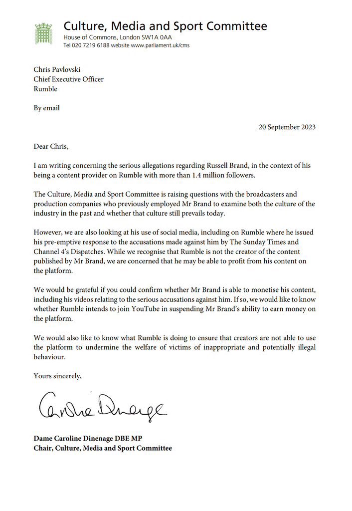 SamanthaTaghoy's tweet photo. The UK Parliament has gone into full-blown dictatorship mode against Russell Brand.

Caroline Dinenage MP — Chair of the Culture, Media and Sport Committee — has contacted every nearly major social media outlet to demand that he is deplatformed.

This is no longer just about Russell Brand.

This is about the State’s wrongful interference with the rights and freedoms of its citizens, based on accusations which have yet to be proven or disproven.

You’d be forgiven for mistaking this for the actions of China, Russia, or North Korea.

If the Government wants to behave like a dystopian dictatorship, it makes them no better than the oppressive regimes they claim to fight against.

Regardless of whether Brand is guilty or not, the Government has no right to “cancel” him, or anyone else for that matter. Frankly, if he is, this sort of outrageous authoritarianism does nothing to bring justice for his alleged victims.

Whatever happened to innocent until proven guilty?

If they could do this to Russell Brand, they could do it to anyone.

This is the state of the United Kingdom in 2023. God help us all.