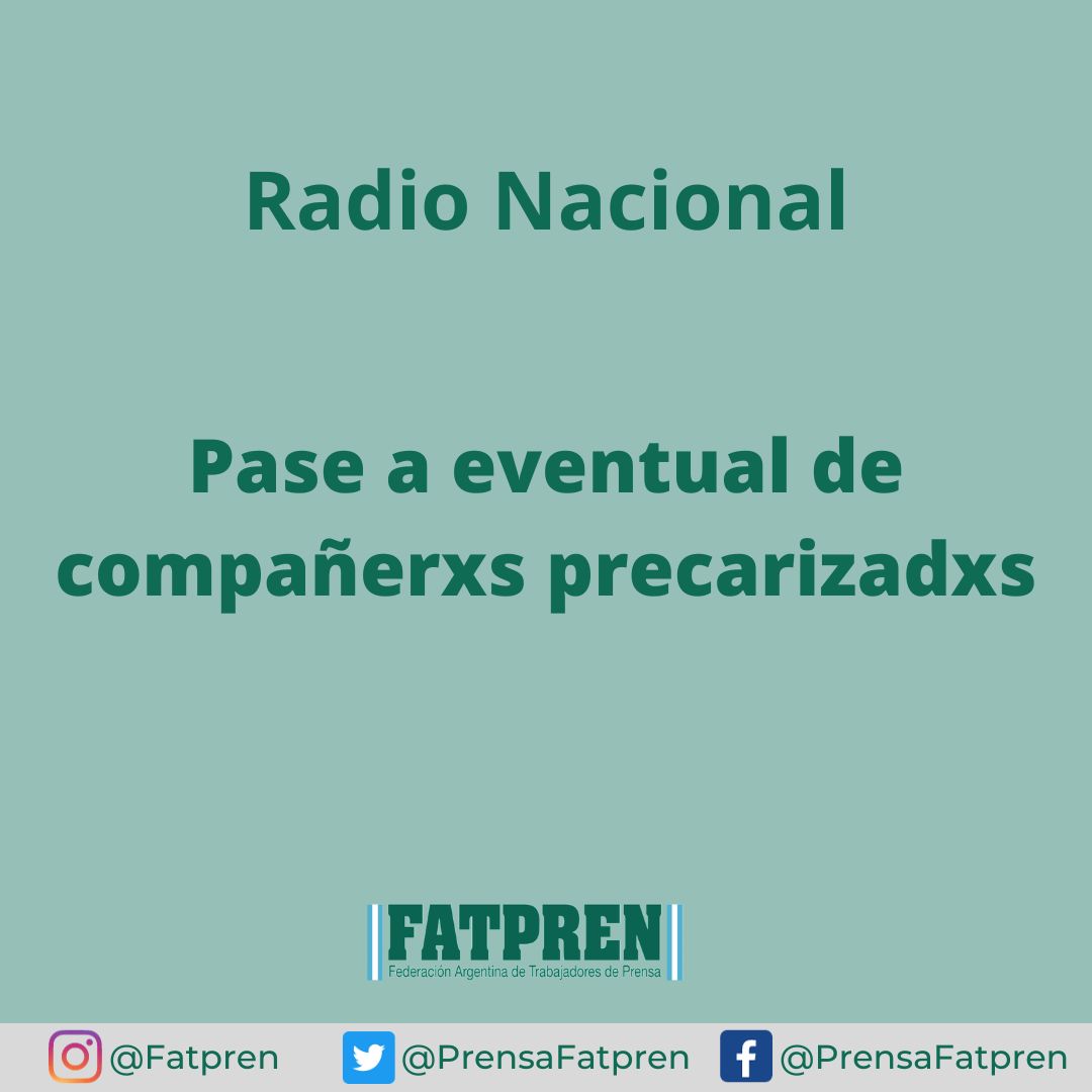 Radio Nacional: pase a eventual de compañerxs precarizadxs

Celebramos la decisión de avanzar con la regularización de compañerxs monotributistas en Radio Nacional en todo el país.

Este paso adelante es resultado del reclamo de los sindicatos de prensa encuadrados en FATPREN.