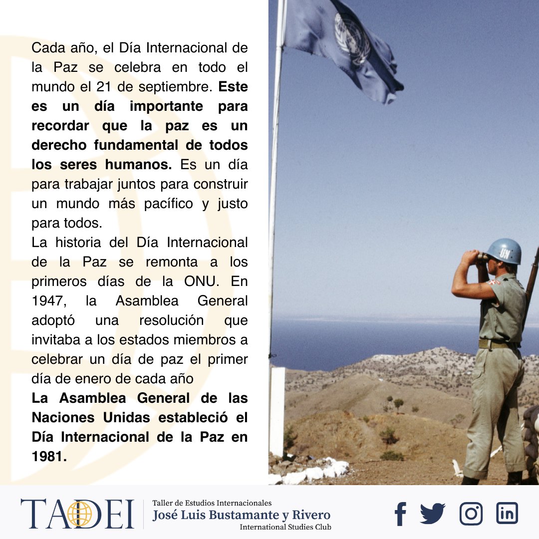 tadei_unmsm's tweet photo. #TadeiDay 🗣️ | Hoy, 21 de setiembre, se conmemora el Día Internacional de la Paz. Esta fecha tiene como objetivo promover la paz y la no violencia a nivel global, concientizar a la población sobre la importancia de resolver los conflictos de manera pacífica, https://t.co/inOcqqJoqQ