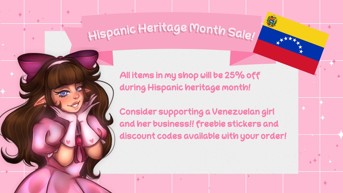 Consider supporting my sh💗p during #HispanicHeritageMonth!! 
To celebrate, I am running a sale on all items ^^ 🎀

Find it here: izzyxrts.shop 💕

#ArtistOnTwitter #hispanicartist #HispanicHeritageMonth2023