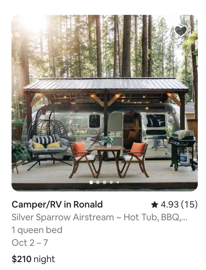 Some of my favorite hero shots doing a quick search in Washington State.

What do they all have in common?

They are unique. Their vibe level is 10/10.

The Yurt one kills me! Look at that nightly rate....for a Yurt!!

(PS. one of these is mine :)