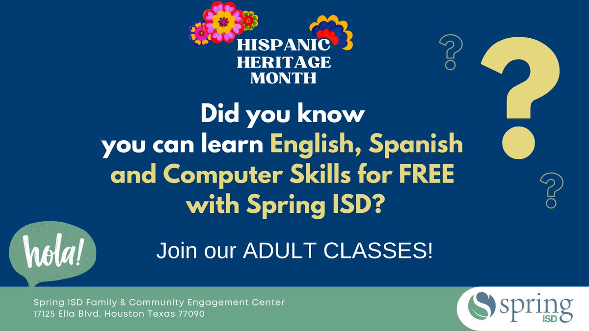 Spring ISD families! Do you want to learn English or Spanish? How about basic computer skills? Sign up today for our free adult classes at bit.ly/3EB5JpJ. #FamilyEmpowerment #adultclasses #WeAreSpring @NitaC1908 @SISD_MultiPrgms @SpringISD_Meals