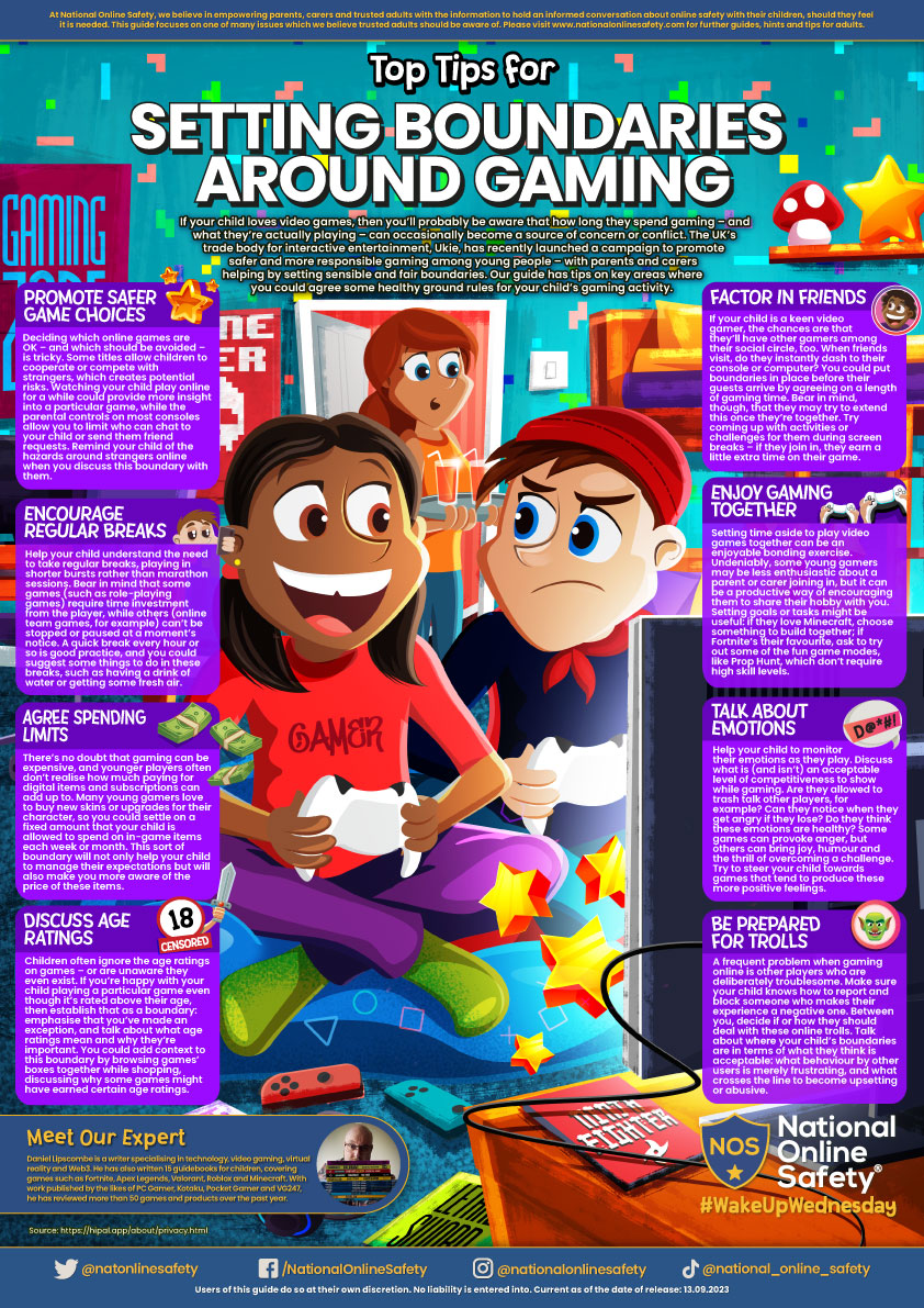 Stoke Heath Primary (@stokeheathps) on Twitter photo ONLINE SAFETY: GAMING
Agreeing on some rules around your child’s gaming activities can certainly help.
Have a look at <a href="/TheNatCollege/">The National College</a> poster for useful tips for establishing boundaries.
#WeAreDigitalCitizens #WeAreStokeHeath ONLINE SAFETY: GAMING
Agreeing on some rules around your child’s gaming activities can certainly help.
Have a look at <a href="/TheNatCollege/">The National College</a> poster for useful tips for establishing boundaries.
#WeAreDigitalCitizens #WeAreStokeHeath
