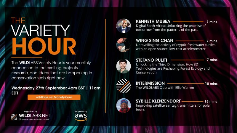 WILDLABSNET's tweet photo. Come along to Variety Hour next Wednesday, 27 September! Learn about Digital Earth Africa with @kenmubea, #biologging accelerometers with Wing Sing Chan, 3D #tech4wildlife tools with @stefanopuliti, and tagging polar bears with @sklenzen. 

RSVP now: https://t.co/OO0djxmcvV https://t.co/3VptbBSgRF