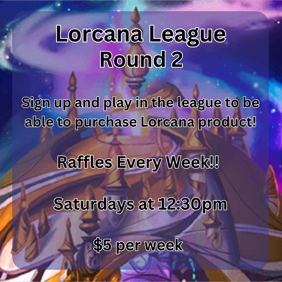 ComicsGenesis's tweet photo. Sign up to be able to buy packs at the end of each tournament! Limited number of spots!!
-
#lorcanatcg #lorcana #lorcanatradingcardgame #lorcanacommunity #lorcanaleague #tcg https://t.co/MKMlF299F9