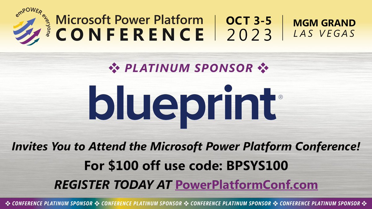 Big shoutout to BluePrint, one of our Platinum Sponsors at the Microsoft Power Platform conference in Las Vegas! Be sure to visit their booth #329 in the expo hall. 🚀 #MPPC23