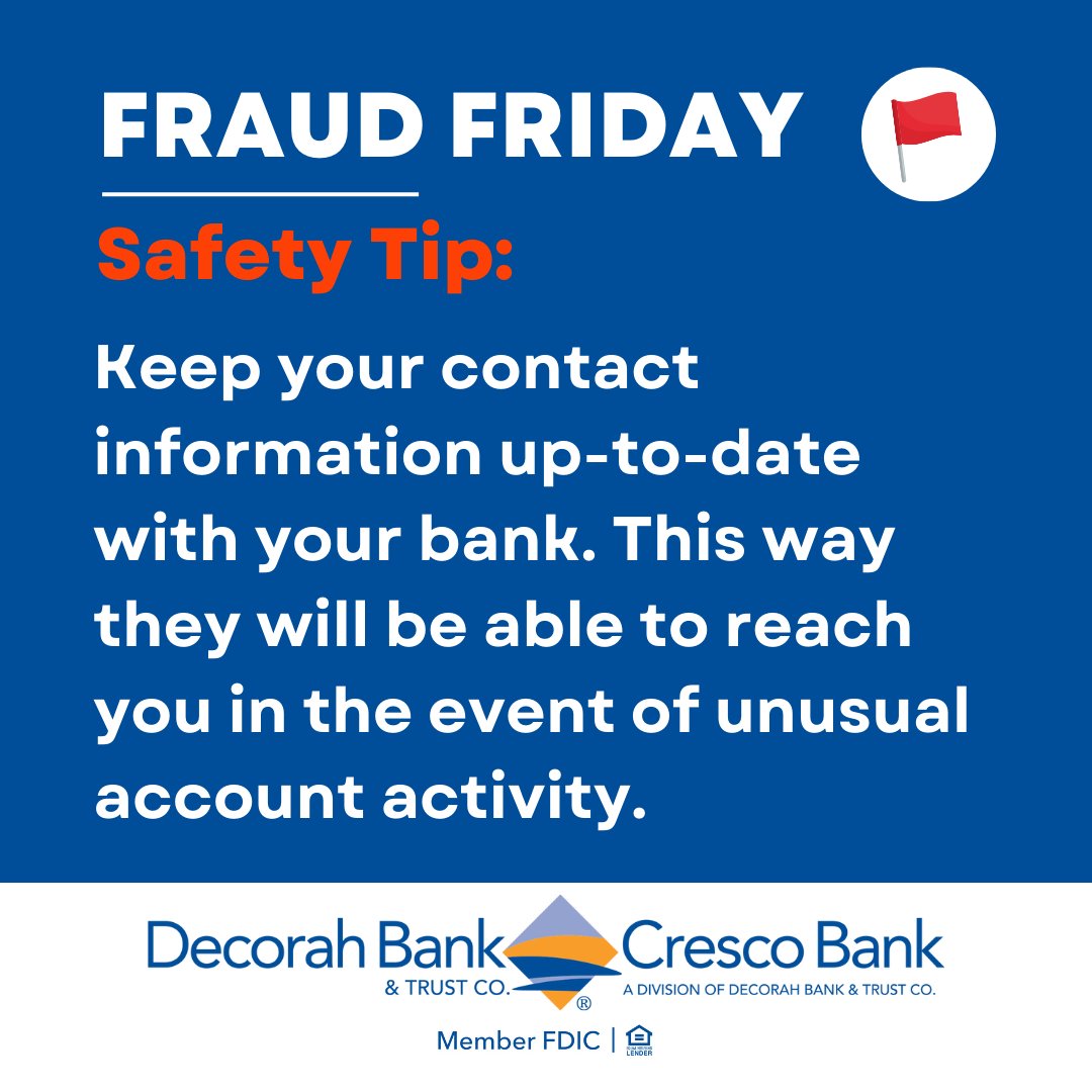 DecorahBank's tweet image. Don’t let fraudsters steal your hard-earned money! Use this safety tip to stay safe and secure. #FraudFriday