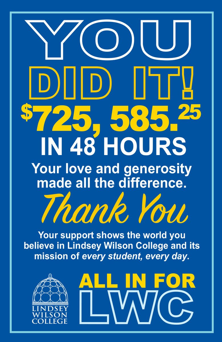 One more big thank you to everyone who supported LWC's two-day campaign for students. Your support is a vote of confidence in the mission of LWC! Until next year! #LWCisFamily #BlueRaidersforLife