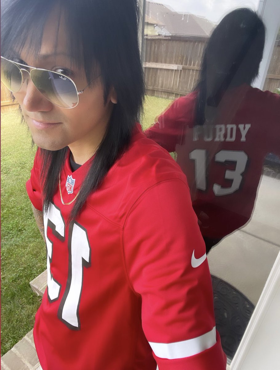 AshleyPurdy's tweet photo. Game Day ‼️ @NFLonPrime #TNF @49ers ♥️♠️♦️♣️ #PurdyNiners #BrocknRoll 🤘🏼💯🏈 #BangBangNinerGang 
-Tonite’s Home Game Jersey. 💥 https://t.co/SojGtdibtb