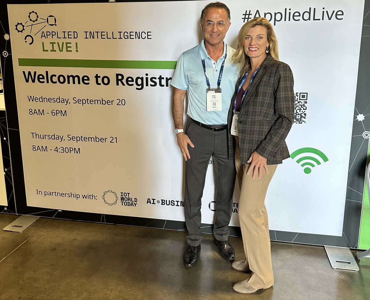 ForwardV's tweet image. Two of the brilliant minds in the industry—Texas A&amp;amp;M Master of Engineering Technical Management founding director Dr. Ben Zoghi, PhD, PE, &amp;amp; Forward Vision&apos;s founder Kelly Stark are having a blast at Applied Intelligence!

#WeSpeakTeach #AppliedLive #AI #iot #tradeshows