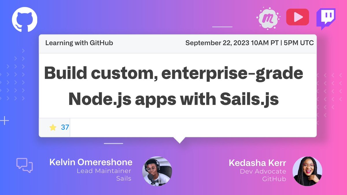 🚀 Join us for #OpenSourceFriday! Hosted by @itsthatladydev 🌟 featuring @Dominus_Kelvin, maintainer of @sailsjs a web framework that makes building custom, enterprise-grade Node.js apps faster!

📅 Tomorrow, 1pm ET on twitch.tv/github
RSVP here: gh.io/sailsjs
