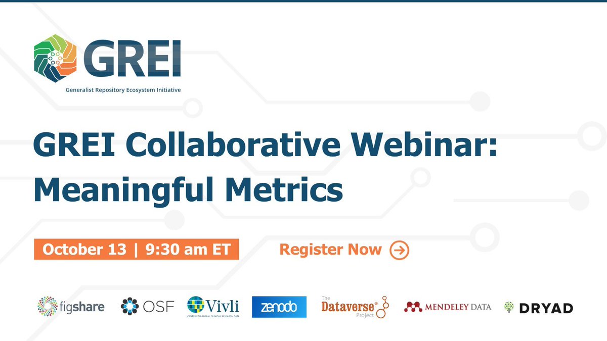 Registration for the next GREI Collaborative Webinar is now open! The Generalist Repository Ecosystem Initiative Metrics Webinar will explore the context of Make Data Count and the implementation of meaningful data metrics across the GREI initiative. cos-io.zoom.us/webinar/regist…