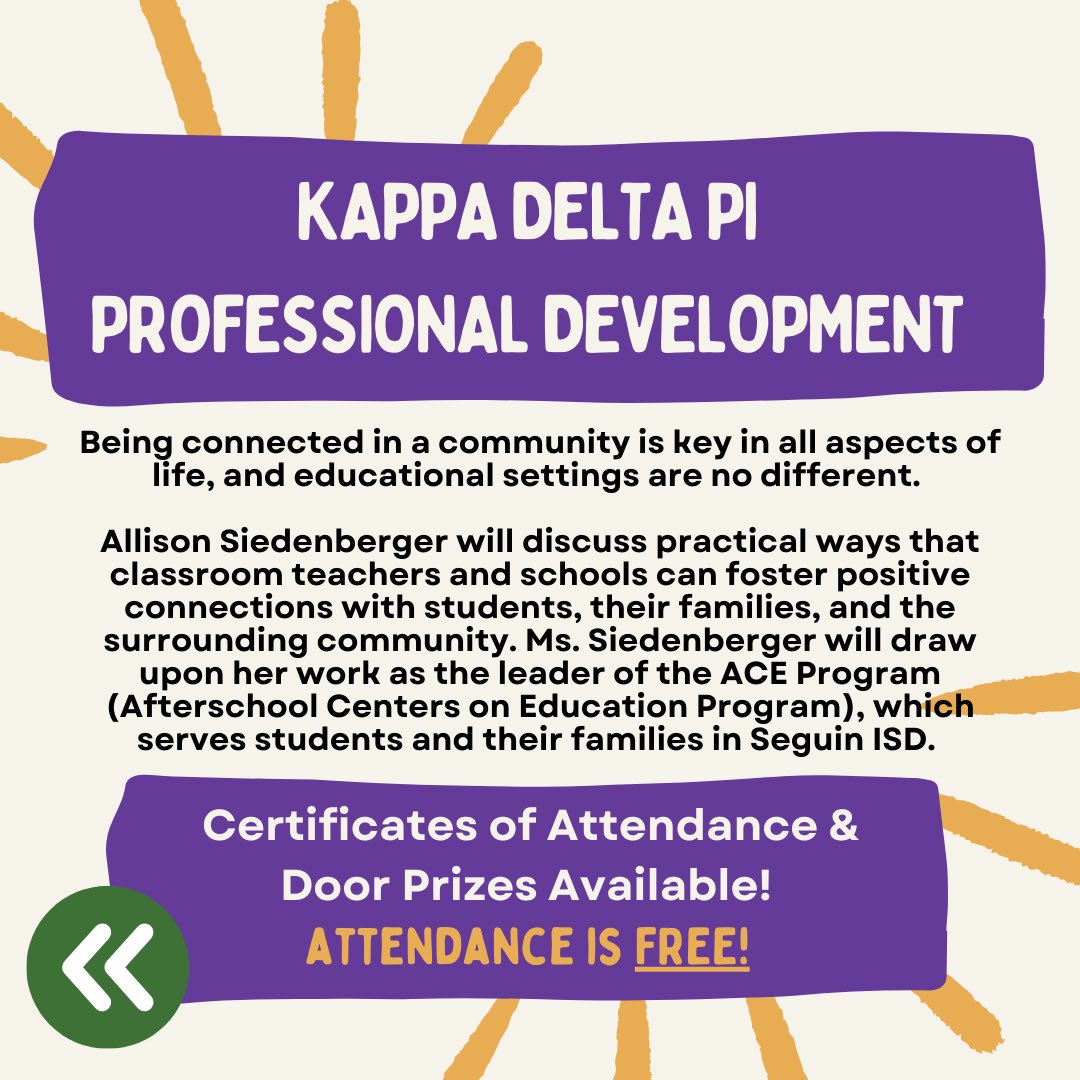 KDP_TXST's tweet photo. Our first Professional Development meeting is Wed., Oct. 4 from 5-6 pm in the Education Building Room 1007. Attendance is FREE! Join KDP as we hear from Allison Siedenberger, Director of the ACE Program at Seguin ISD! Door prizes and certificates of attendance will be provided. https://t.co/S1FfEpnFzU