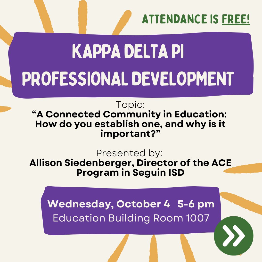 KDP_TXST's tweet photo. Our first Professional Development meeting is Wed., Oct. 4 from 5-6 pm in the Education Building Room 1007. Attendance is FREE! Join KDP as we hear from Allison Siedenberger, Director of the ACE Program at Seguin ISD! Door prizes and certificates of attendance will be provided. https://t.co/S1FfEpnFzU