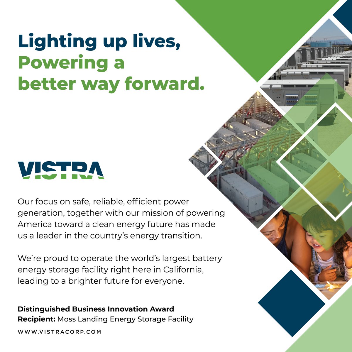 Vistra is honored to receive the Distinguished Business Innovation Award for our Moss Landing Energy Storage Facility from the Salinas Valley Chamber of Commerce. This award is given to a local business that has shown breakthrough leadership in their given field.
