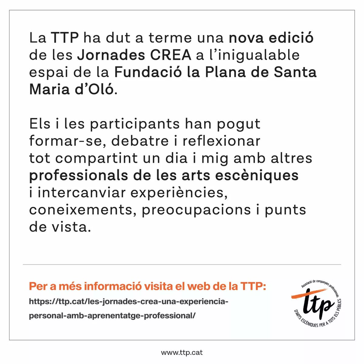 ttp_cat's tweet image. Els dies 13 i 14 de setembre vam dur a terme una nova edició de les Jornades CREA. ☺👏🏻

Aviat veureu novetats de com va anar l'activitat, que ja us adelanto que va ser tot un èxit 🥳

#ttp #espectacles #JornadesCrea