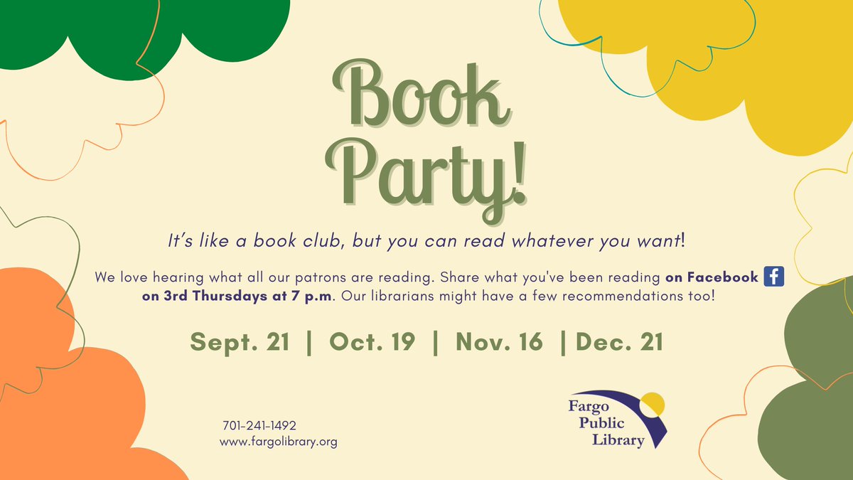 fargolibrary's tweet image. Our monthly Online Book Party is TONIGHT(9/21) on the
@fargolibrary&apos;s Facebook page starting at 7PM. • We want to hear about all the books you are reading (&amp;amp; the books in your TBR pile too)! #FargoPublicLibrary #FPLOnlineBookParty