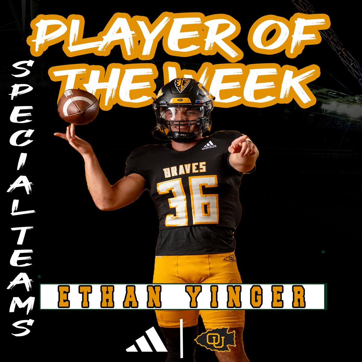 Shoutout to Freshman DB Ethan Yinger who grabs this weeks Special Teams player of the week! Ethan had a forced fumble on the opening kickoff to earn this weekly honor!