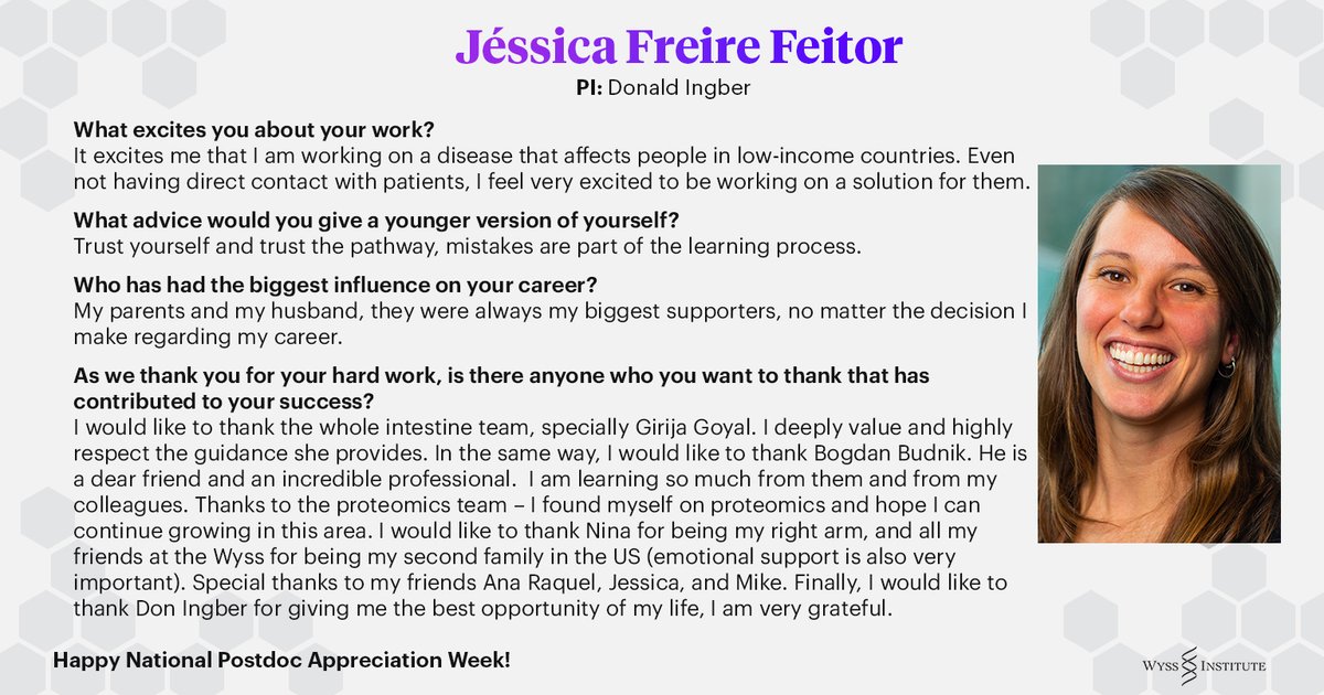 Today we're highlighting @feitorjessicaf from @DonIngber's lab who specializes in proteomics. Thank you for all of your hard work! #NPAW2023 #PostdocAppreciationWeek