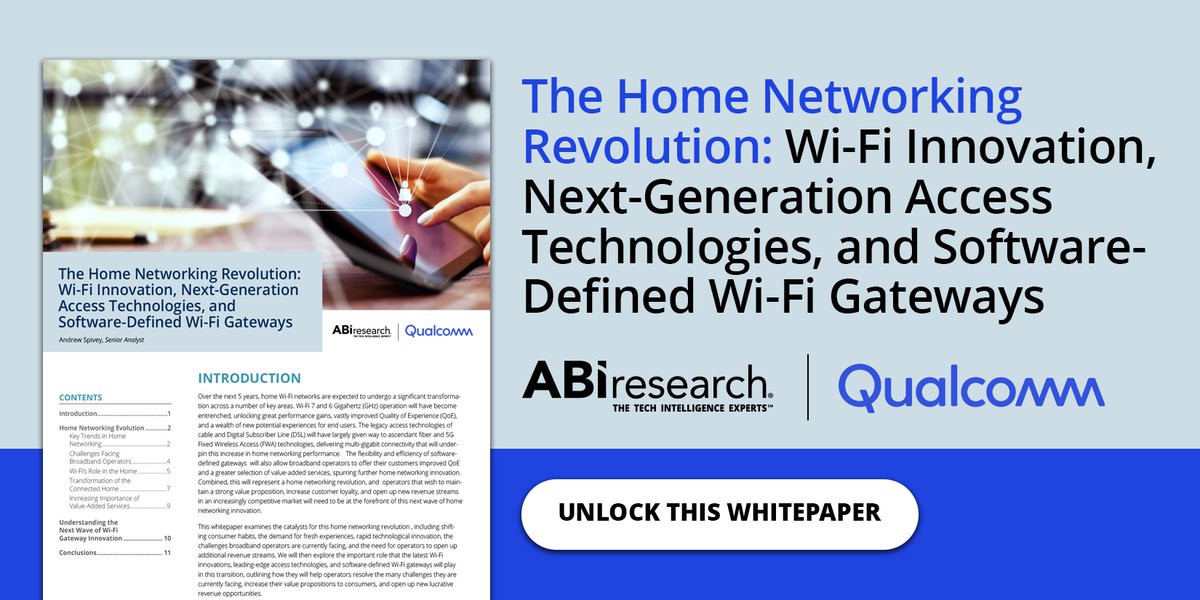 ABIresearch's tweet image. 🏡📡 Explore the future of #homenetworking!
Our latest #whitepaper -&amp;gt;lnkd.in/euhrkCan&amp;lt;- delves into the catalysts behind the home networking revolution.  #wifi #innovation @Qualcomm