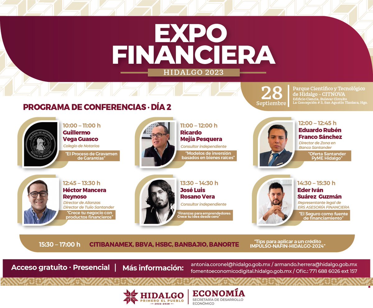 gobiernohidalgo's tweet photo. ¡Capacitación para empresas y emprendedores! 🫱🏼‍🫲🏽

La @Sedeco_Hgo llevará a cabo la #ExpoFinanciera Hidalgo 2023 del 27 al 28 de septiembre para acercar los servicios de instituciones financieras y ofrecer conferencias y talleres. https://t.co/Rowi9vjKFo
