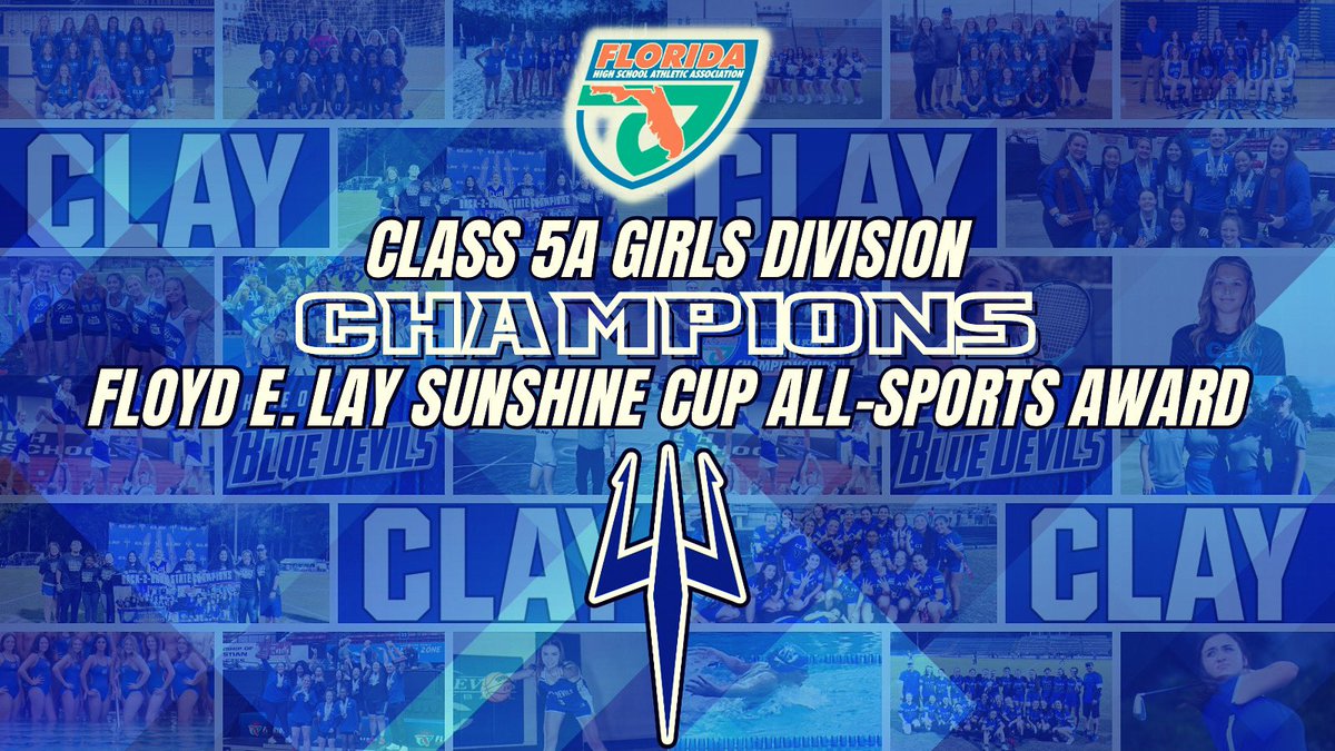 Clay High Athletics (@clay_athletics) on Twitter photo HUGE Congratulations to our Girls Sports Programs from the 2022-2023 School Year for winning the FHSAA Class 5A Floyd E. Lay Sunshine Cup All-Sports Award! #theclayway
<a href="/oneclaysports/">Clay County Athletics</a> <a href="/CFreemanJAX/">Clayton Freeman</a> <a href="/ClayTodaySports/">Randy T Lefko</a> <a href="/Clay_Crazies/">Clay Crazies</a> <a href="/FHSAA/">FHSAA</a> <a href="/ActionSportsJax/">BrentDanStuartMarcelAlivia</a> <a href="/Sports4Jax/">News4Jax Sports</a> <a href="/FCNsports/">First Coast Sports</a> HUGE Congratulations to our Girls Sports Programs from the 2022-2023 School Year for winning the FHSAA Class 5A Floyd E. Lay Sunshine Cup All-Sports Award! #theclayway
<a href="/oneclaysports/">Clay County Athletics</a> <a href="/CFreemanJAX/">Clayton Freeman</a> <a href="/ClayTodaySports/">Randy T Lefko</a> <a href="/Clay_Crazies/">Clay Crazies</a> <a href="/FHSAA/">FHSAA</a> <a href="/ActionSportsJax/">BrentDanStuartMarcelAlivia</a> <a href="/Sports4Jax/">News4Jax Sports</a> <a href="/FCNsports/">First Coast Sports</a>