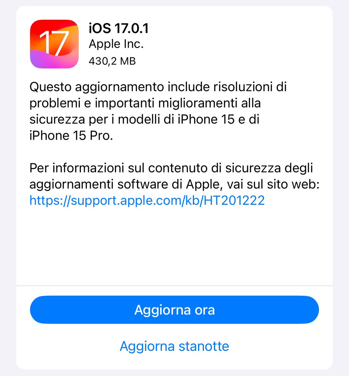 mb4k_tech's tweet image. iOS 17.0.1 disponibile al download 📲 #Appe #Update #iPhone15ProMax