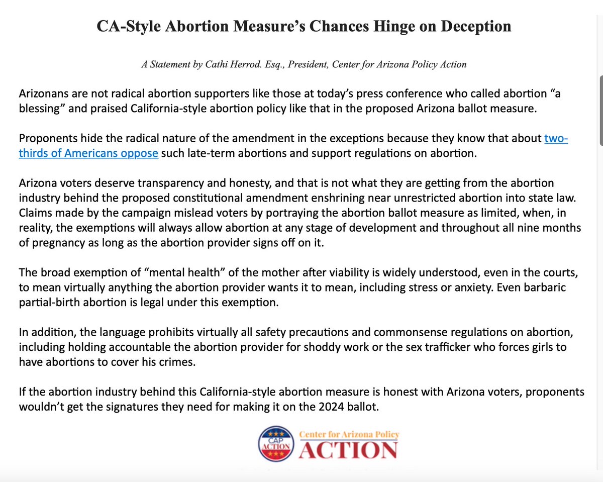 azpolicyaction's tweet photo. Arizonans are not radical abortion supporters like those at today’s press conference who called abortion “a blessing” and praised California-style abortion policy like that in the proposed Arizona #AbortionBallotMeasure
Read Below: https://t.co/Gp6JjkKR0f