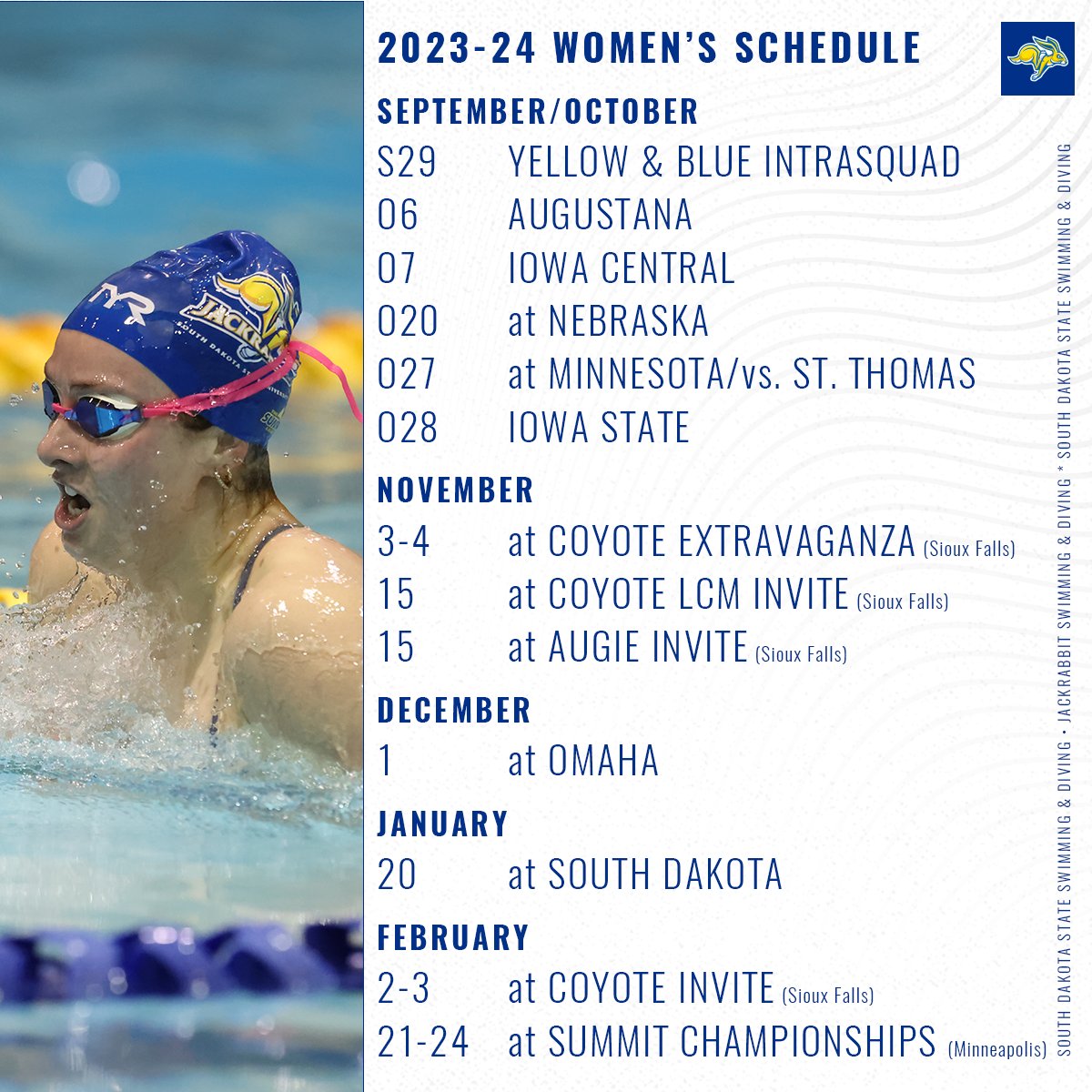 GoJacksSwim's tweet photo. Cheer on the South Dakota State women's swimming and diving team during the 2023-24 season! First  chance to see the Jackrabbits in action is next Friday with a 4 p.m. intrasquad meet. 
#GoJacks 🐰 https://t.co/EbKYZS9WQC