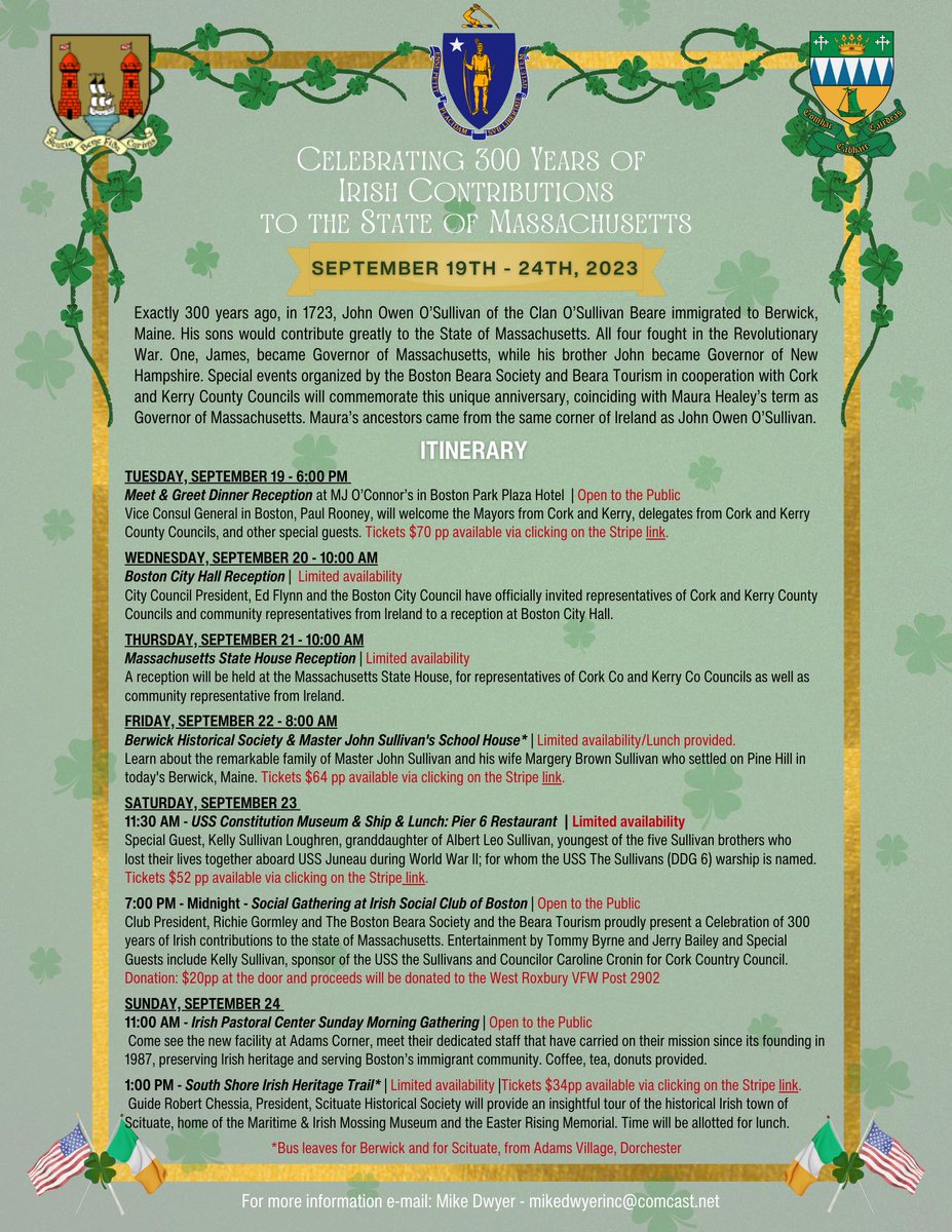 Here's the full schedule of the #irish delegation's visit to #Boston + #newengland this week. #Bostonirish #visitboston
@EdforBoston @IPCBoston @MJOConnors @irishsocialclub @cllrfrankoflynn @countykerry @Corkcoco @newenglandvisit    irishmassachusetts.blogspot.com/2023/09/irish-…