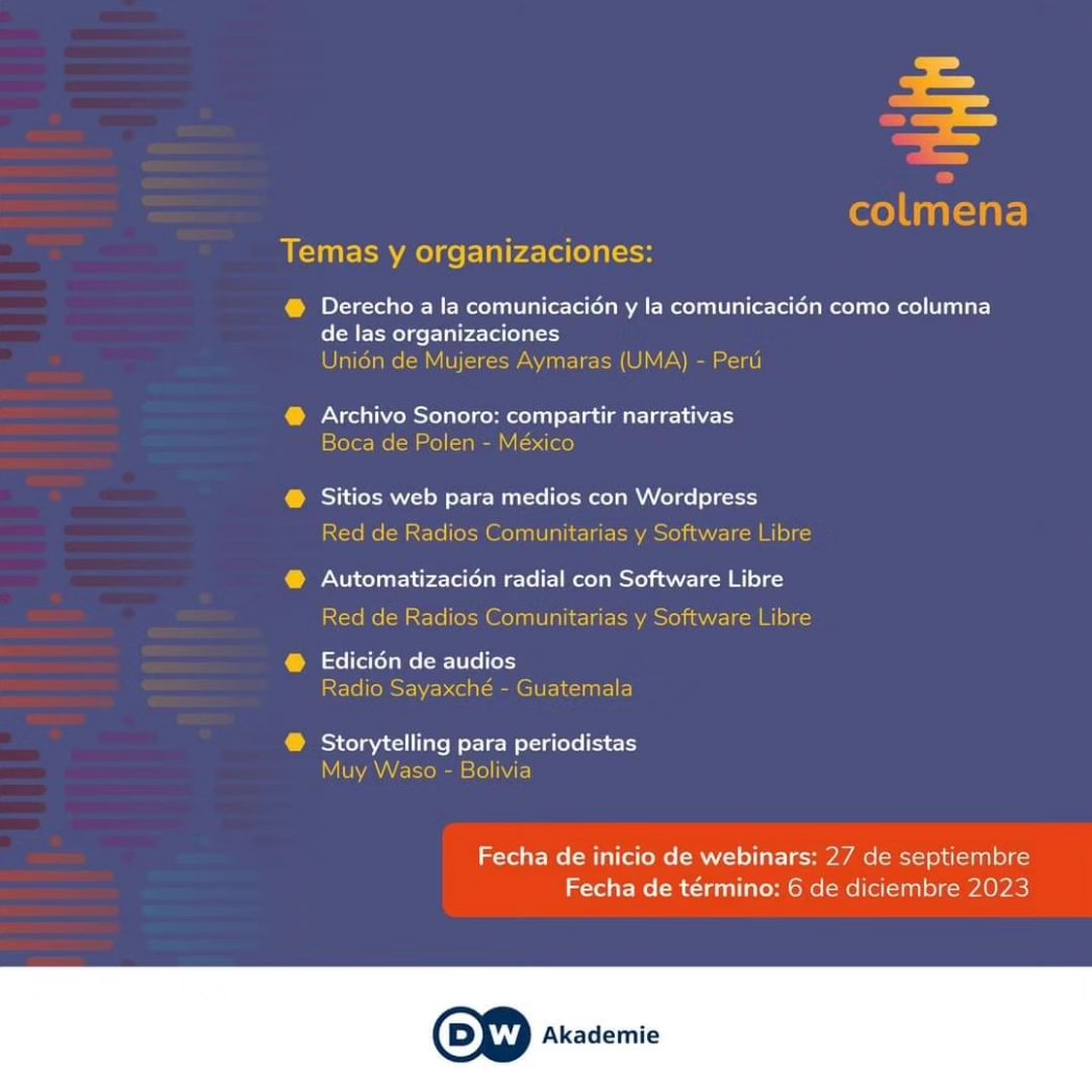 Bocadepolen's tweet photo. 📢 ¡Convocatoria abierta!
🐝 🎙️ Colmena invita a colectivos y medios que busquen fortalecer sus procesos de comunicación y participar en el "Proceso de formación: Producción de Contenidos en Comunidad", que incluye  sesiones impartidas por #medioscomunitarios de #AmericaLatina. https://t.co/9RHpP4vzCX