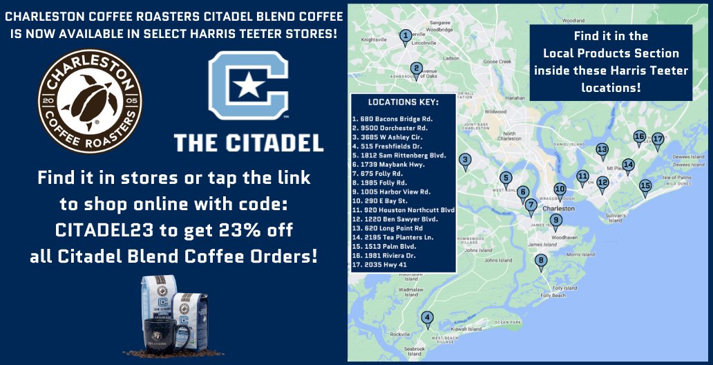 Our Citadel Blend Coffee is now in stores! Use the map below to see which Harris Teeter location near you has our coffee in stock!

Can't make it to the store? Use the link below with code 'CITADEL23' to get 23% off all Citadel Blends!

bit.ly/CCRCitCoffee

#OurMightyDogs