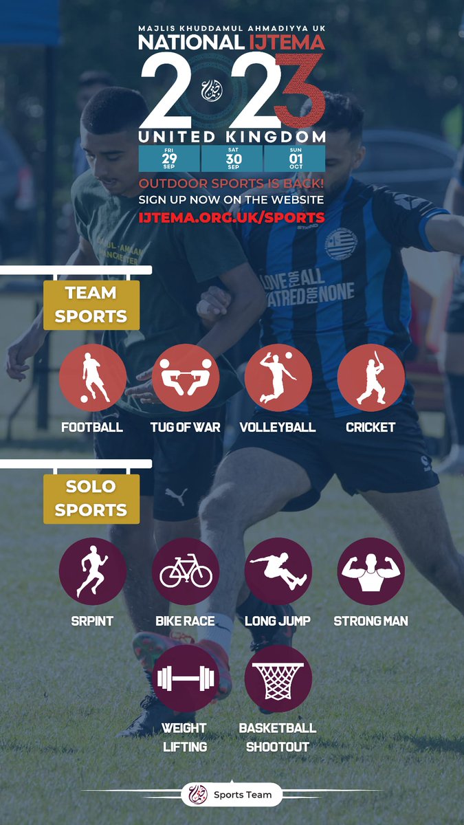 🏅 #NationalIjtema • SPORTS  🟢

📣 Last chance to sign up for the team sports, solo sports &amp; the Kabaddi Exhibition Match!

⚽ • 🏏 • 🏐 • 🏃🏾 • 🚲 • 🏀 • 🏋🏽 • 🤼‍♂

🌐 Registration, schedule, rules, any other info: ijtema.org.uk/sports