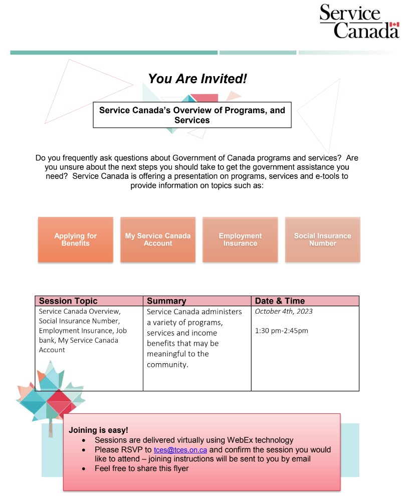 TCES1's tweet image. Service Canada Program and Services Online Information Session - 20231004 at 1300-1445

TO REGISTER PLEASE EMAIL tces@tces.on.ca TITLED &quot;Service Canada Information Session&quot;

#employmentontario #torontojobs #toronto #yongeandeglinton #tces #servicecanada #employmentinsurance
