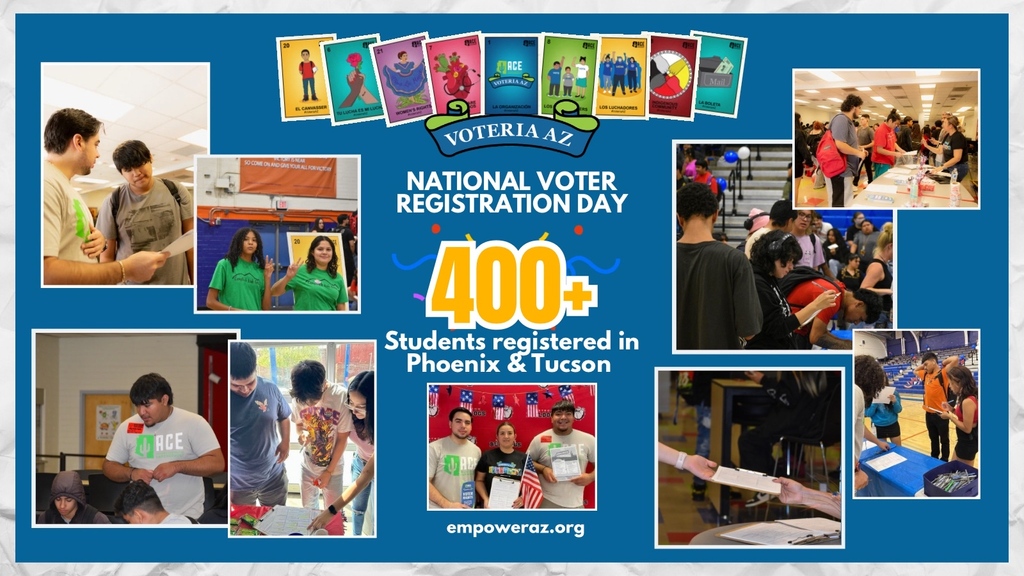 🗳️ Empowering the future, one voter at a time! 🙌 This week, Arizona Center for Empowerment registered over 400 students in Phoenix &amp; Tucson, and we're just getting started. Let's make our voices heard! 🇺🇸✨ #NationalVoterRegistrationDay #Empoweringaz #RegisterToVote