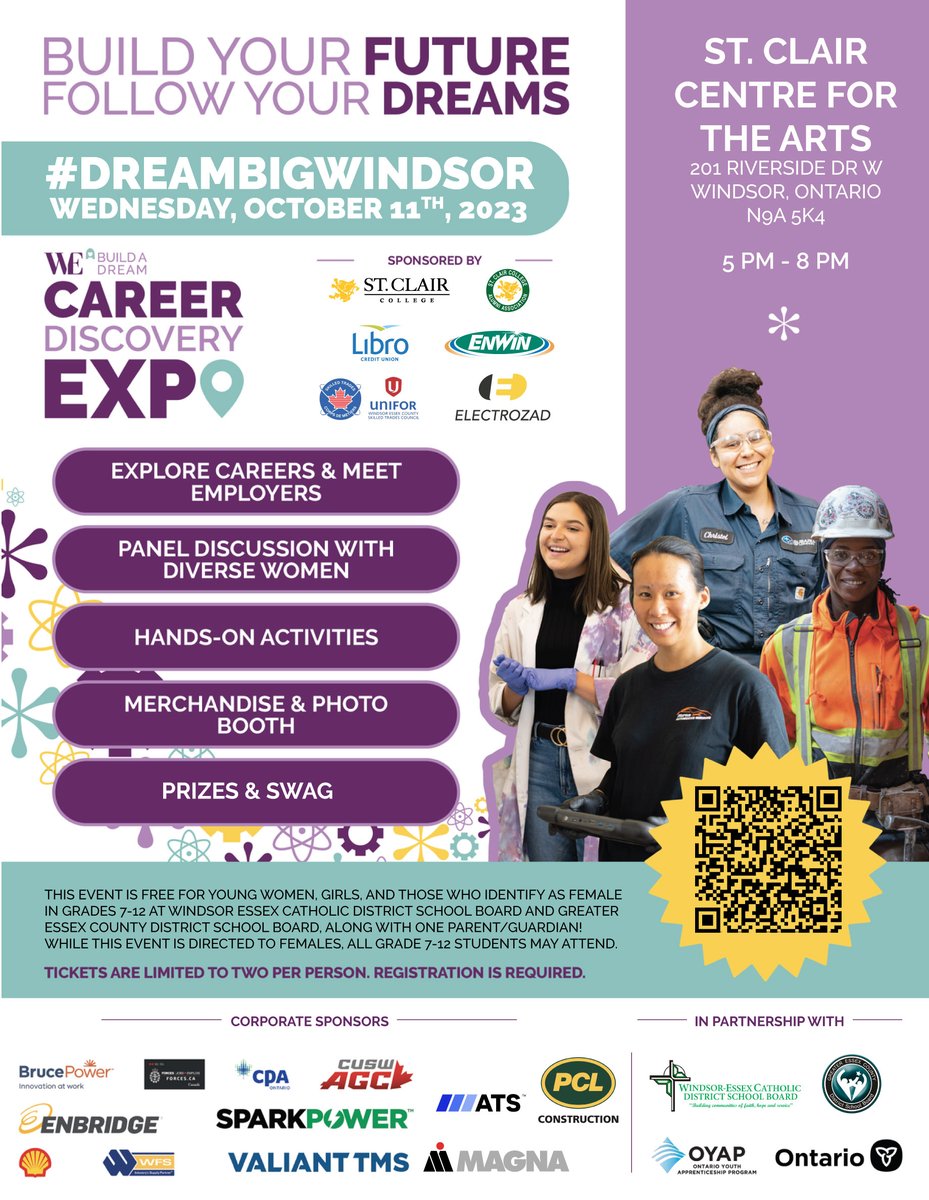 Young women, girls and those who identify as female in Grades 7– 12 are invited to attend the Build a Dream Career Discovery Expo on Wednesday, October 11, 2023. Registration in advance is required: bit.ly/3rf7wOl 💜