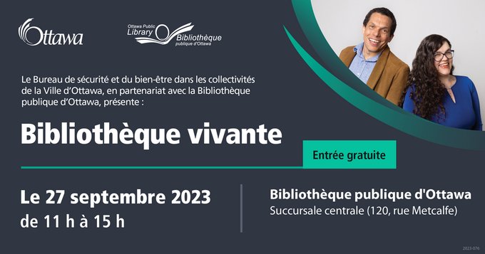 Une carte promotionnelle bleue et verte présentant les détails de l’événement mentionné dans l’article ci-dessous. Dans le coin supérieur droit, il y a une photo de deux des livres vivants se tenant l’un à côté de l’autre, Javier et Rita.