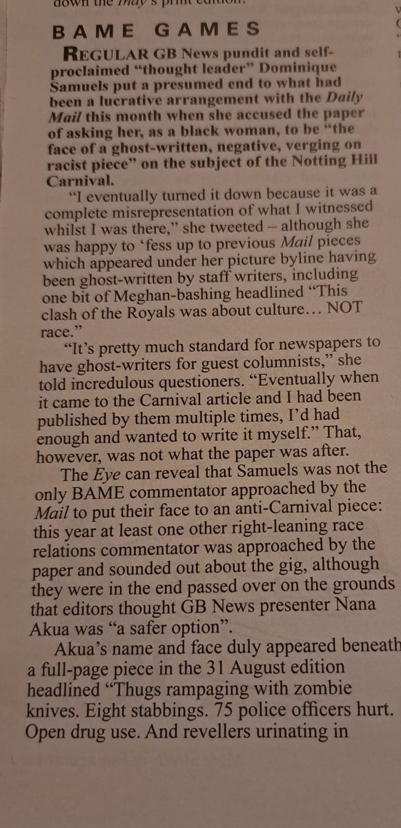 The Private Eye offers even more information on racism laundering at the Daily Mail. Turns out the Nana Akua piece on the Notting Hill Carnival was shopped around to Black right wingers. The  Eye also unmasks two more of the (old white male) ghostwriters 

x.com/snigskitchen/s…