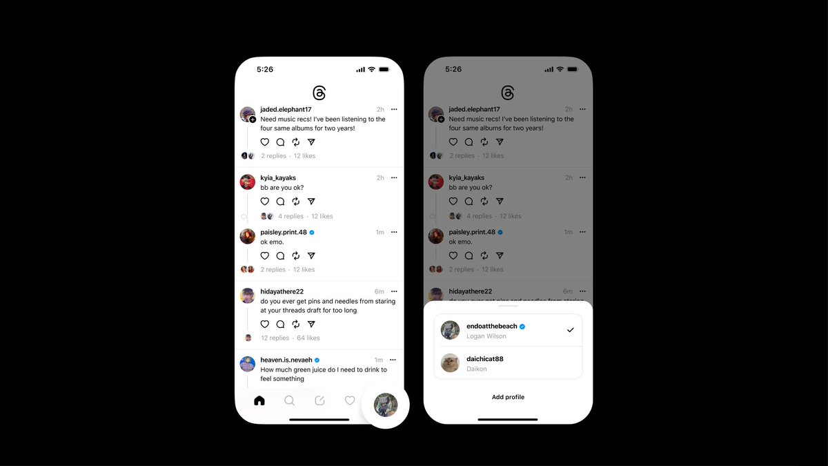instagram's tweet photo. thought you'd wanna know you can now switch between multiple profiles on Threads  👉👈 https://t.co/kb16NU4n2A