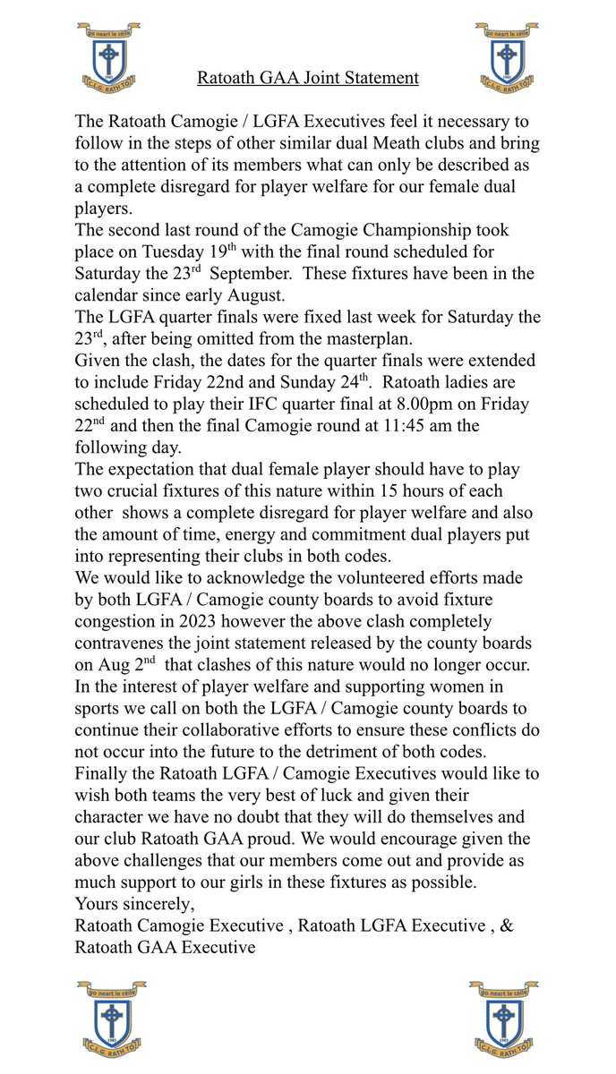 ***RATOATH GAA JOINT STATEMENT***