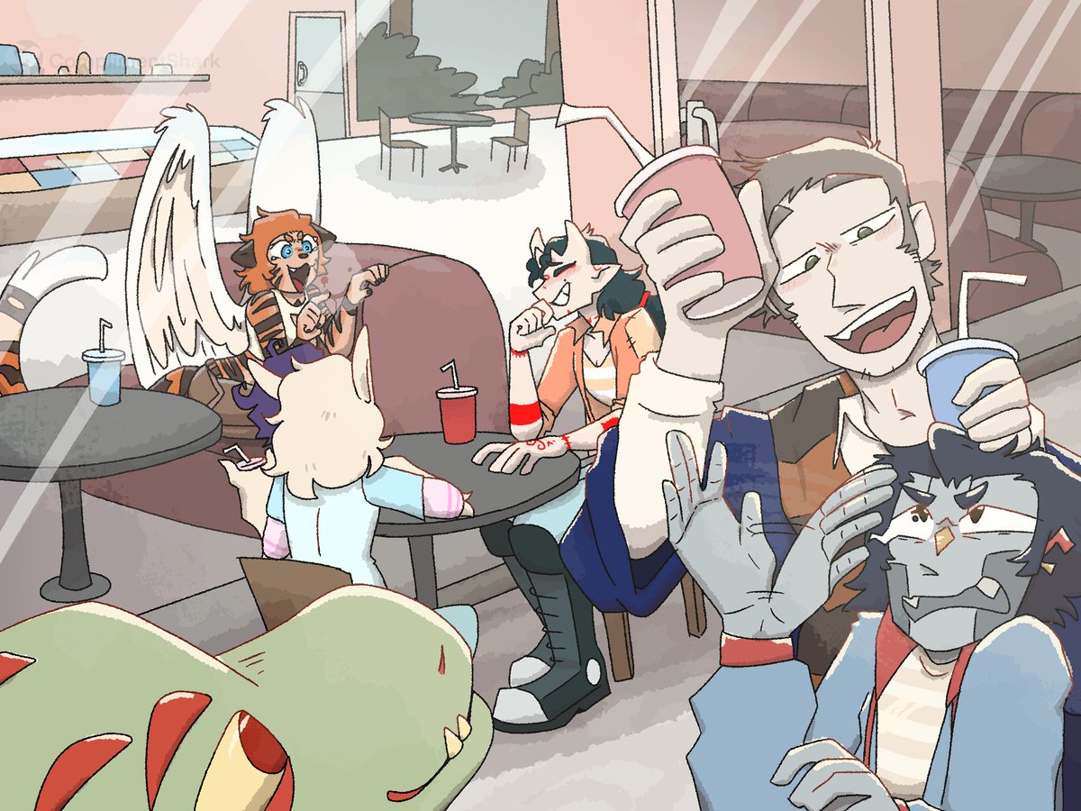 ComplimentShark's tweet photo. SMOOTHIE TIME!
Annoyed boys and two at the table are 
@KitsuneSpark 's

#digitalart #artfight #oc https://t.co/4WNhN3bdBV