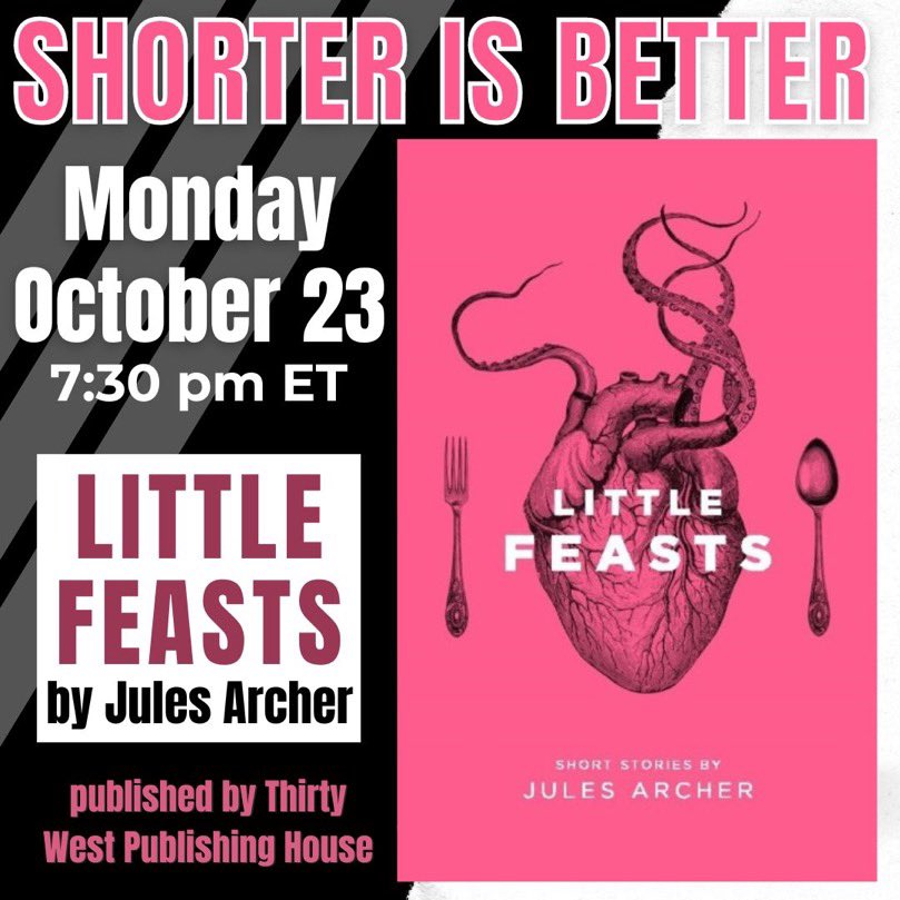 ShorterBC's tweet image. Check out our October book club pick! We’re reading Little Feasts by @JulesJustWrite from @thirtywestph. Join us on Monday, October 23rd at 7:30 PM ET for a discussion followed by a Q&amp;amp;A with Jules!

#bookclub #shorterisbetter #amreading #smallpressbooks #chapbooks