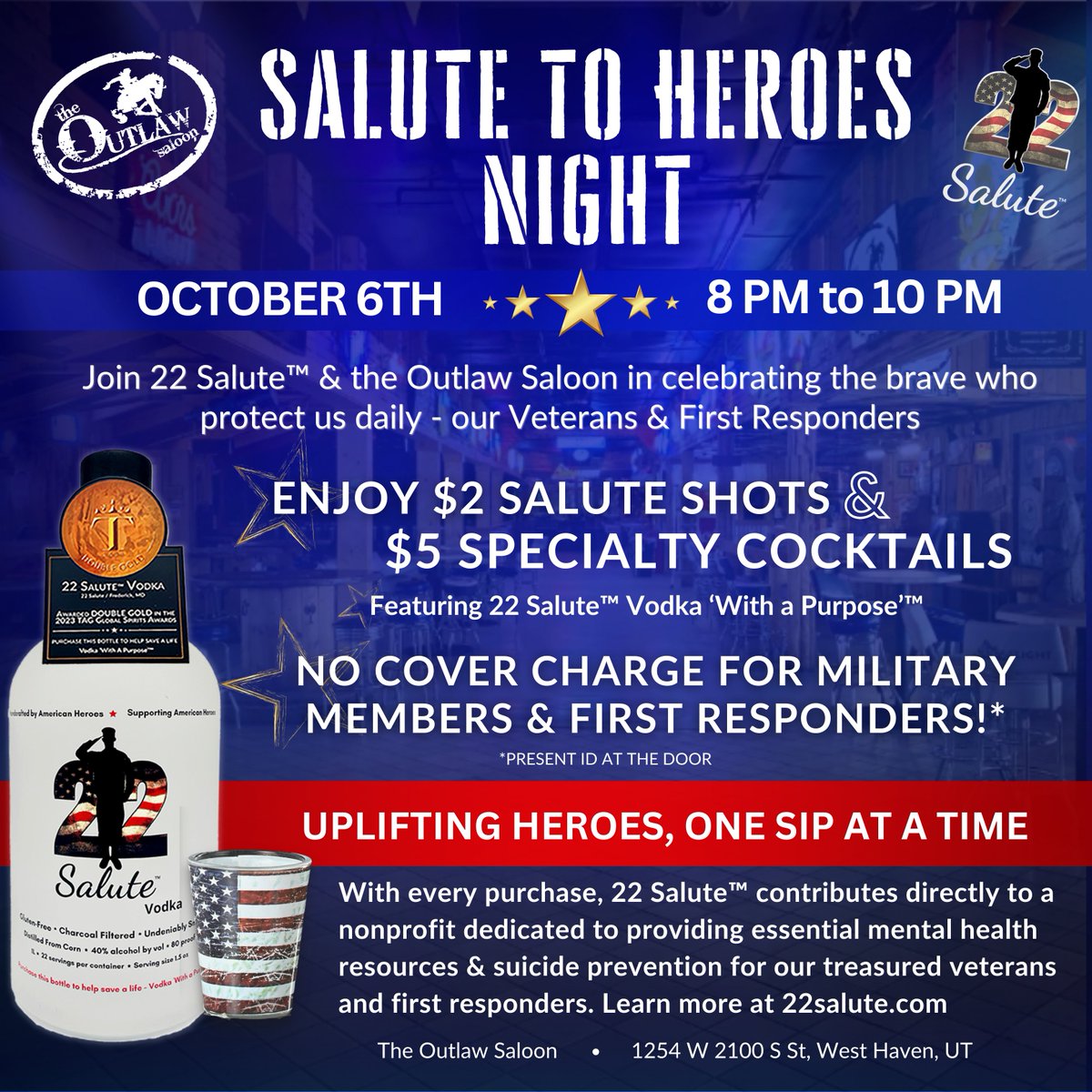 22 Salute Spirits & Coffee (@22salutebevco) on Twitter photo 🔥🎉 **ATTENTION UTAH RESIDENTS** 🎉🔥
🌟 You're invited to the most iconic event of the year - the <a href="/22salutebevco/">22 Salute Spirits & Coffee</a> Launch Party at The Outlaw Saloon in West Haven, UT! 🌟
🗓️ When? October 6th, 8pm-10pm
🇺🇸 **Why?** To SALUTE OUR HEROES!
#22SaluteLaunch #SaluteOurHeroes 🔥🎉 **ATTENTION UTAH RESIDENTS** 🎉🔥
🌟 You're invited to the most iconic event of the year - the <a href="/22salutebevco/">22 Salute Spirits & Coffee</a> Launch Party at The Outlaw Saloon in West Haven, UT! 🌟
🗓️ When? October 6th, 8pm-10pm
🇺🇸 **Why?** To SALUTE OUR HEROES!
#22SaluteLaunch #SaluteOurHeroes